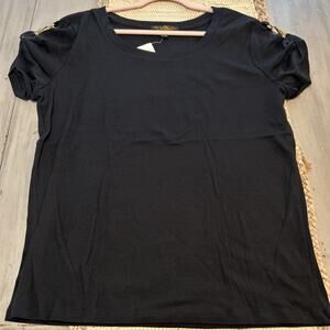 NWT Lauren Ralph Lauren Black Label Black T Shirt Gold Roll Tab Clips Womens 1X
